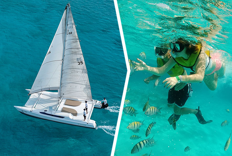 Catamaran Plus Snorkeling en Arrecife y Visita Exclusiva a Isla Mujeres